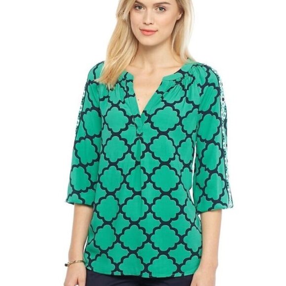 Crown & Ivy Green & Blue Moroccan Medley 3/4 Sleeve Peasant Top S - Picture 1 of 9